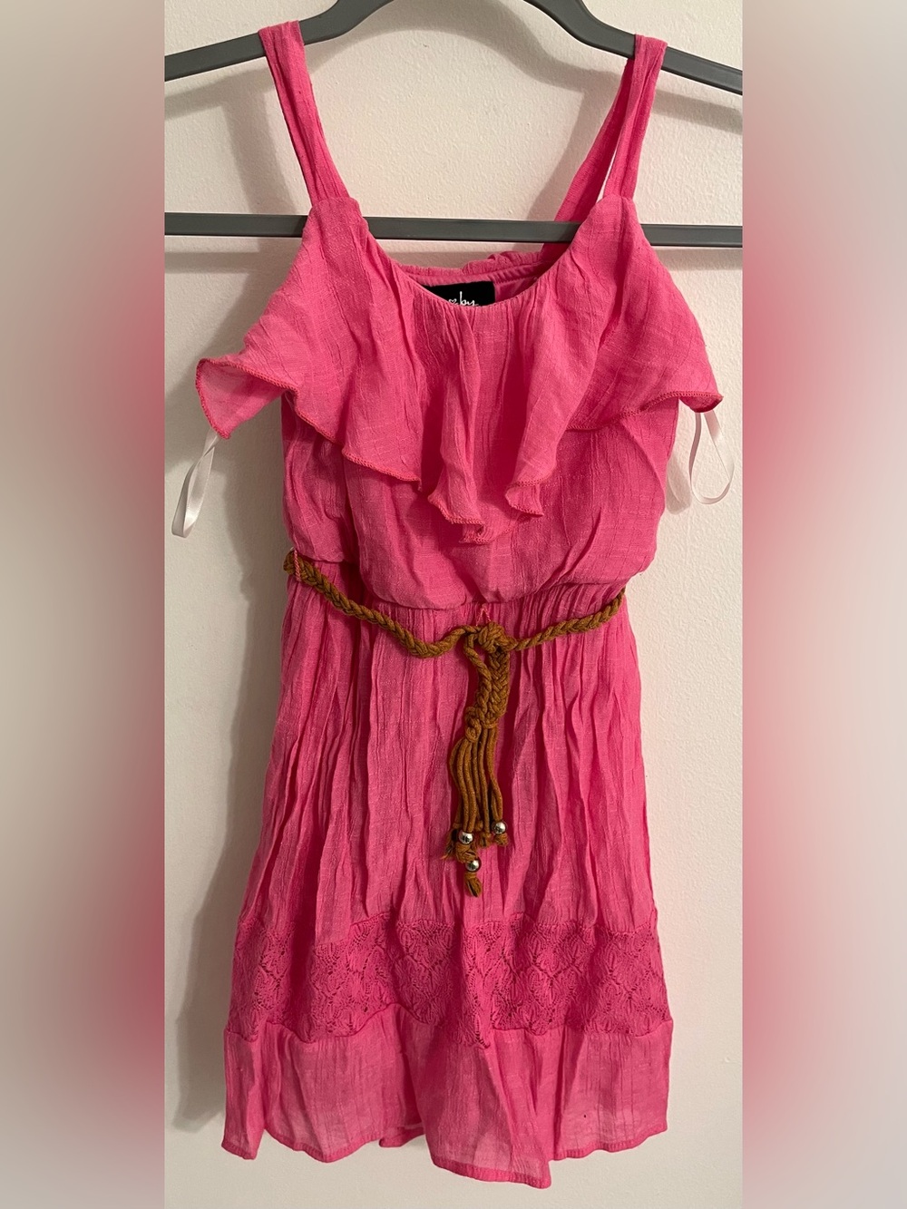 Bright Pink Ruffled Sundress with Braided Belt